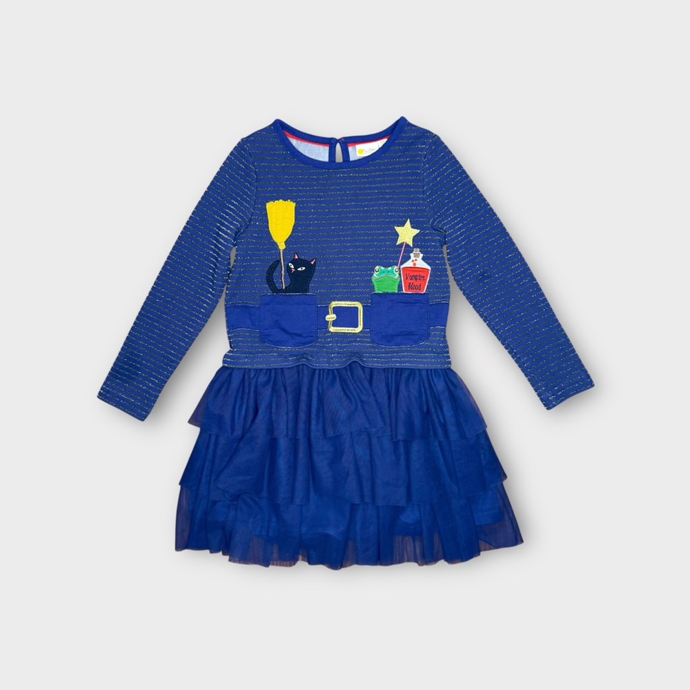 Mini Boden Halloween Scene Applique Blue Tulle Dress